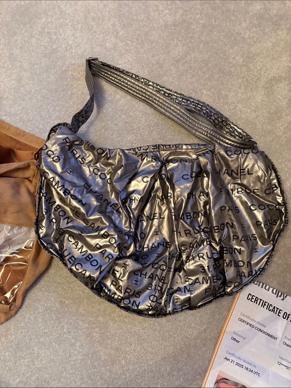 Authentic CHANEL Metallic Silver Logo-Print Shoulder Bag - COA included